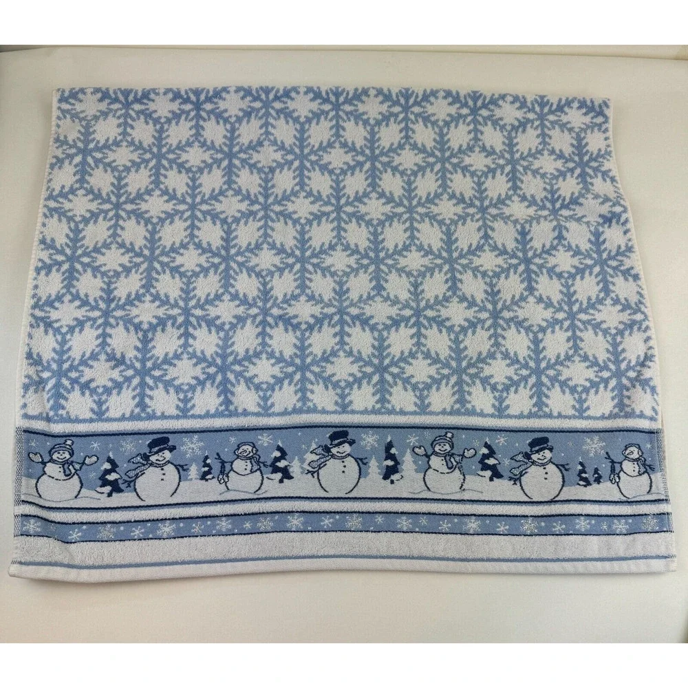 Vintage Bath Towel Cecil Sayday Set of 2 Snowman Snowflakes Blue white
